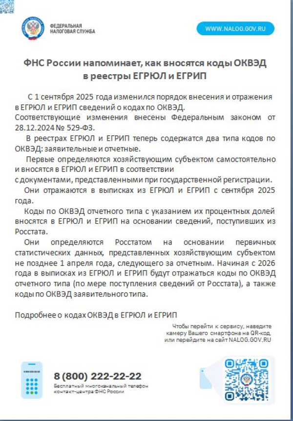 ФНС России напоминает, как вносятся коды ОКВЭД в реестры ЕГРЮЛ и ЕГРИП.